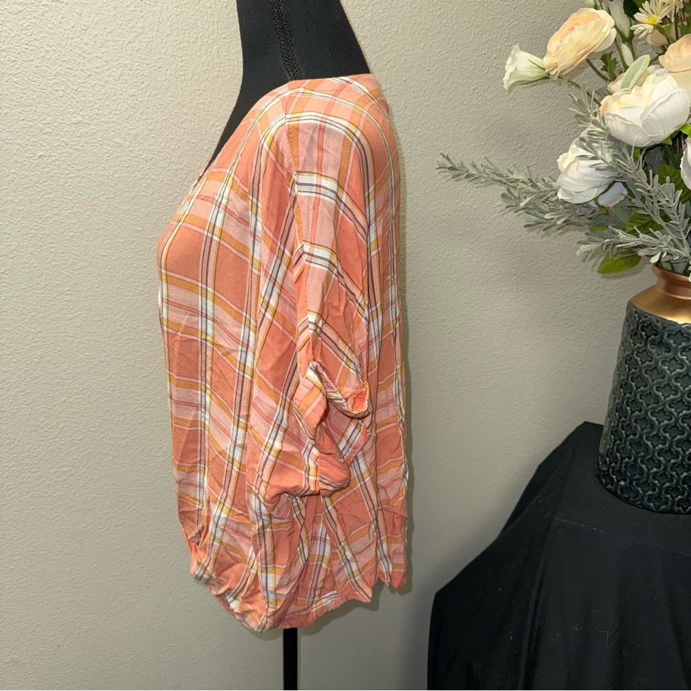 a.n.a Peach Plaid Twist Front Button Blouse XL Boho Summer Top - Picture 2 of 7